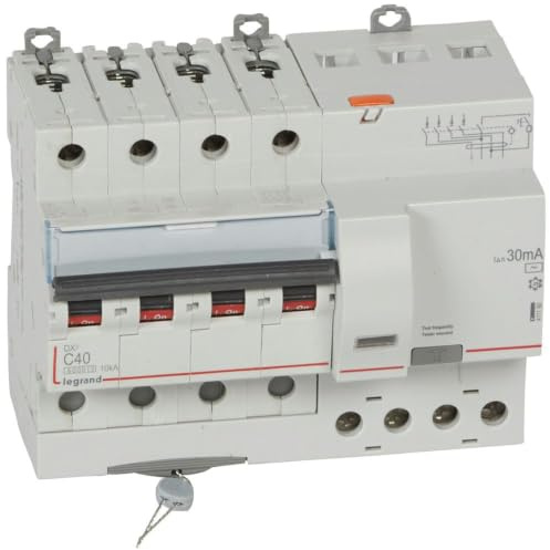 Legrand 411190 Disjoncteur différentiel monobloc DX³6000 10kA arrivée haute et départ bas à vis, 4P, 400V, 40A typeAC, 30mA