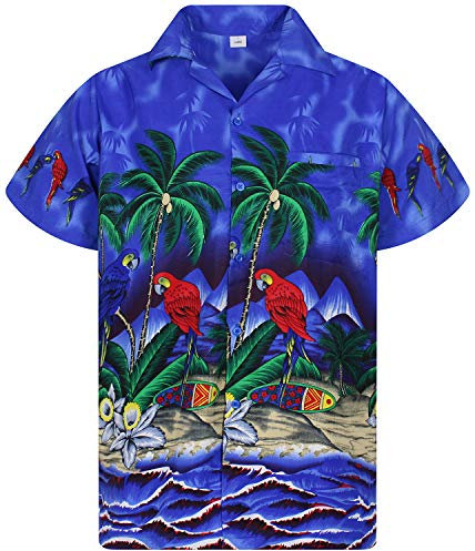 V.H.O. Funky Hawaii-Hemd, Herren, Kurzarm, Parrot, Dunkelblau, L