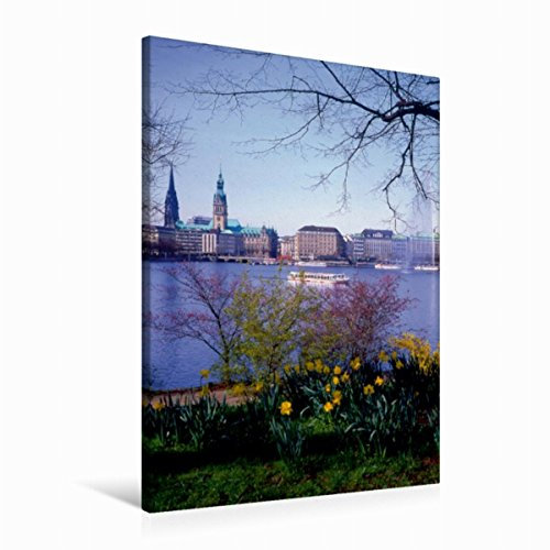 Premium Textil-Leinwand 60 x 90 cm Hoch-Format Die Hamburger Skyline im Frühling | Wandbild, HD-Bild auf Keilrahmen, Fertigbild auf hochwertigem Vlies, Leinwanddruck von Lothar Reupert