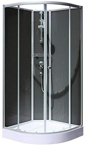 Schulte cabine de douche complète en kit 90 x 90 x 202 cm (bac de douche inclus), profilé alu-argenté, paroi arrondie avec portes coulissantes, verre de sécurité, cabine intégrale