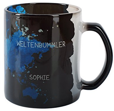 Herz & Heim® Magic Tasse mit Namensgravur - Weltenbummler - wenn heiß dann erscheint die Weltkarte
