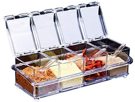 Assaisonnement Box Set 4 pièces Bouteilles Transparentes Sel Spice Jar,Pots à épices Cuisine Condiment Jarres de Stockage de Conteneurs avec 4 Cuillères Canned Couvercle et Cuillère