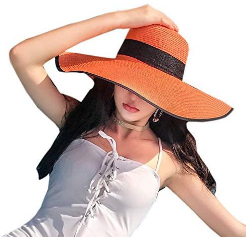 Elonglin Chapeau de Soleil en Paille à Bord Large pour Femme Capeline Pliable Décoration de Ruban pour Extérieur Plage Eté Anti-UV Respirant Orange (Bordure noire)