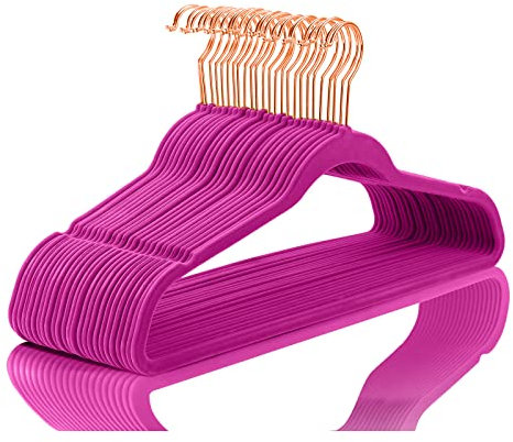 Hochwertige Samt-Kleiderbügel (50 Stück), strapazierfähig, rutschfest, Samt-Kleiderbügel, rosa – Kupfer-/Rotgold-Haken, platzsparende Kleiderbügel