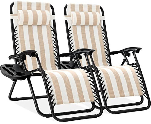 Best Choice Products Set of 2 Adjustable Steel Mesh Zero Gravity Lounge Chair Recliners w/Pillows and Cup Holder Trays - Tan Striped