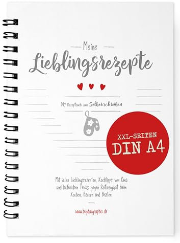 bigdaygraphix Rezeptbuch zum Selberschreiben A4 - XXL DIY Kochbuch - für Kochrezepte zum Ausfüllen im eigenen Backbuch sammeln & selbst schreiben - Hardcover Ringbuch