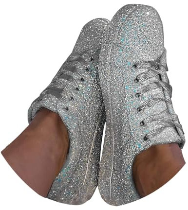 Minetom Sneakers Damen Pailletten Flache Low Sneaker Atmungsaktiv Glitzer Turnschuhe Outdoor Sportschuhe Laufschuhe Schuhe Schnürsenkel Walkingschuhe A Silber 40 EU