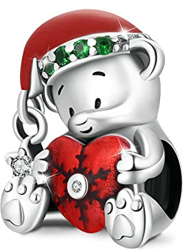 GNOCE Weihnachten Bär Umarmung Rotes Herz Charm Bead 925 Sterling Silber Schmuck Geschenk Für Frauen Mädchen Tochter Fit Schlangenkette Armbänder/Halskette