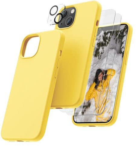 OIIAEE [5-in-1 for iPhone 13 Case 6.1,Liquid Silicone case with 2 Pack Screen Protector & 2 Pack Camera Protector, Ultra Slim Shockproof Soft Anti-Scratch Microfiber Lining—Yellow