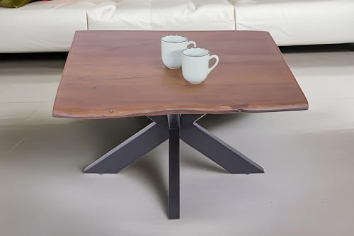 SAM Couchtisch 80x80 cm Quintus, echte Baumkante, Akazienholz nussbaumfarben, massiver Sofatisch, Spider-Metallgestell Schwarz