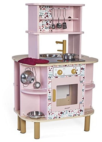 Janod Madera Infantil Twist-Cocina Reversible-8 Accesorios-Horno, Botones Giratorios, Placa Sonora-A Partir de 3 Años, J06616, Color Rosa, Medium (JURATOYS
