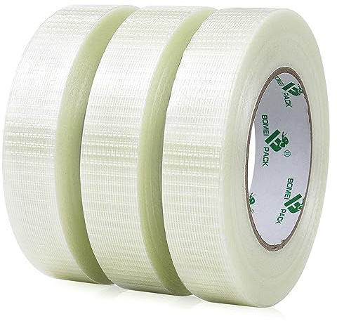 BOMEI PACK 3 Rolls Reinforced Filament Tape,Transparent Bi-Directional Crossweave Fiberglass Heavy Duty Moving Strapping Tape,Duct Wrapping bundling tape 25mm x 50m