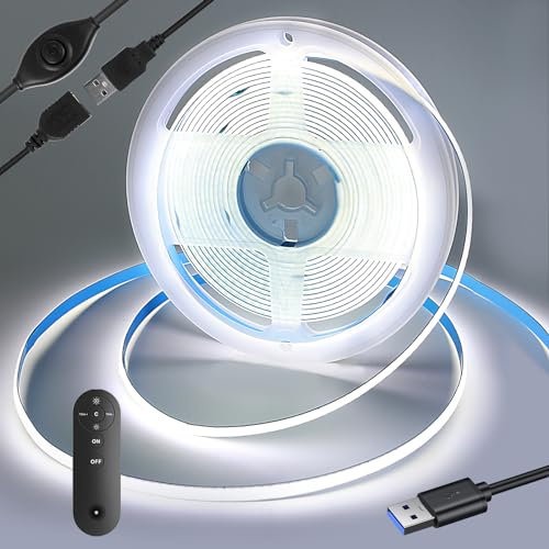 Yamlten LED strip 2m 5V COB LED Streifen mit RF Fernbedienung,6000k Kaltes Weiß,320 LEDs/M Dimmbar LED Strip,LED Band für TV Hintergrundbeleuchtung,Computer,Schrank,Schlafzimmer.