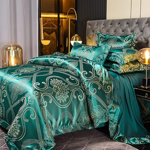 DXHOME Satin Bettwäsche 135 x 200 Dunkelgrün Grün Seide Glatt Glänzend Blumenmuster Bettwäschegarnitur Microfaser Barock Deckenbezug mit Reißverschluss + 1 Kissenbezug 80 x 80 cm