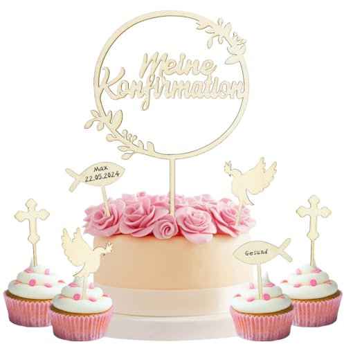 7 Stück Cake Topper Konfirmation, Holz Tortendeko Meine Konfirmation, Taufe Konfirmation Torten Topper, Erstkommunion Kuchen Dekoration für Taufe Junge Mädchen