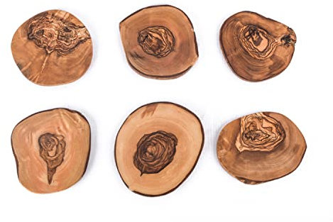 Set Untersetzer im Naturschnitt rustikal Glasuntersetzer Olivenholz Handgemacht Holzuntersetzer Geschenk (6er Set)