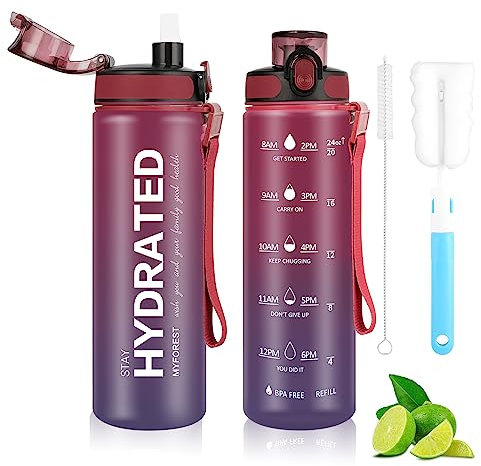 MYFOREST 700ml/24oz Tritan™ Water Bottle, Large Spout for Gulp/Removable Straw for Sip, Anti-Scratch Time Marker for Motivational Hydration, Drop-Resistant/BPA-free