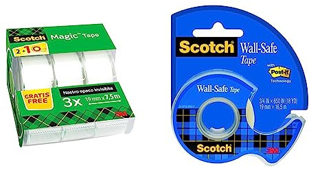 Scotch Magic Klebeband - 3 Handspender 19 mm x 7,5 m & Scotch 183-EFDG Wall-Safe Klebeband 19 mm x 16, 5 m, 1 Rolle, 1 Maxi-Abroller