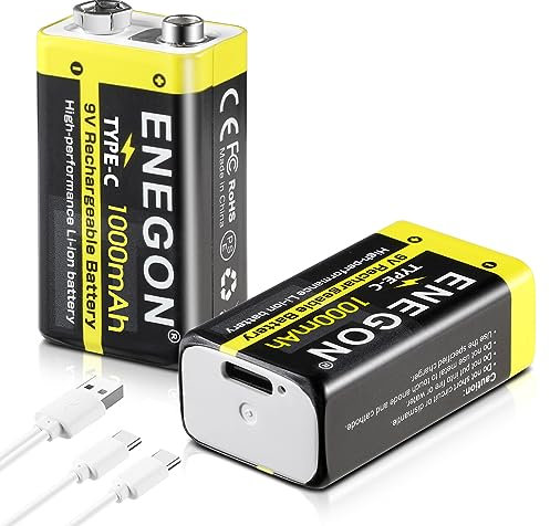 ENEGON 2 Pack 9V Rechargeable Lithium Batteries, 9000mWh with 2-in-1 TYPE-C Charging Cable, High Capacity Batteries for Smoke Alarms, Metal Detectors, Walkie-talkies and More