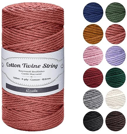 ilauke Makramee Garn 3 mm x 100 m, 4-lagig Baumwollgarn Macrame Cord Kordel Garn für Makramee Schnur DIY Handwerk, Basteln Weben Dekoration, Pflanzenbügel Aufhänger Stricken Blumenampel