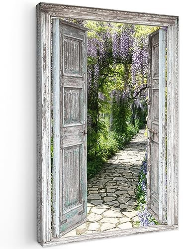 MuchoWow© Wandbilder Groß 80x120 cm XXL Wohnzimmer Wanddeko Schlafzimmer Zimmerdeko Fotowand Zimmer Deko Wand Dekoration Wall Art Fensterblick - Wald - Steine - Frühling