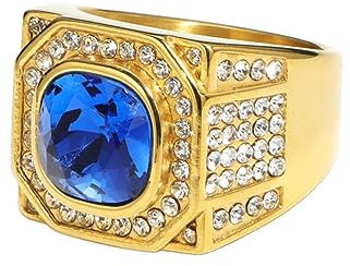 PAMTIER Herren Edelstahl Stein Pinky Ring Signet Style Bling Cubic Zirconia Hip Hop Iced Out Ringe Gold Blau Größe 57