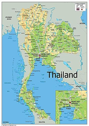 Physische Karte von Thailand – The Oxford Collection – Größe A2 – Papier laminiert