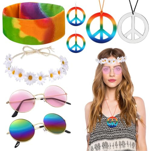 8 Stücke Hippie Kostüm Set, Hippie Accessoires für Damen und Herren, mit Peace Zeichen Halskette, Ohrringe, Sonnenbrille, Flower Power und Stirnband für 60er 70er Jahre Accessoires Party Verkleiden