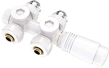 Heilmetz Valvola Termostatica per Termosifoni Multiblock Radiatore con Attacco Centrale, Adatta Valvole Diritte&Gomito, Termoarredo Bagno Interasse 50, Tubo 16mm, G1/2, Bianco