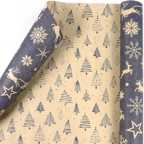 Rouleau de papier cadeau réversible de Noël, bleu foncé et marron, papier cadeau en papier kraft pour enfants et adultes, papier d'emballage pour Noël, Nouvel An, 43 cm x 10 m