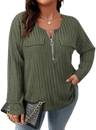 Gemulate Army Green Jumpers for Women UK Sale Plus Size Long Sleeve Tops Ladies V Neck Jumper Long T Shirts for Women UK Plus Size Tops Ladies Light Zip Up Jumpers Army Green 2XL