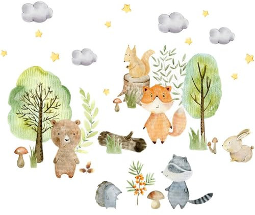 AWOGIPD Sticker mural jungle fleurie arbre animal Sticker mural décoratif raton laveur Décoration murale chambre enfant chambre bébé salon