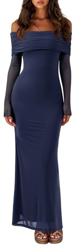 REORIA Women Long Sleeve Off Shoulder Formal Dress Elegant Stretch Mesh Double Lined Bodycon Long Party Wedding Guest Dresses Fall Winter Deep Blue Medium