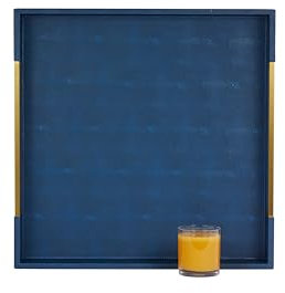 Sagala Large Ottoman Tray with Handles, Decorative Tray for Coffee Table, Oversized Serving Tray for Breakfast, Dinner, 20 x 20 Inch, Navy Blue, Gold, Square 20 Inch