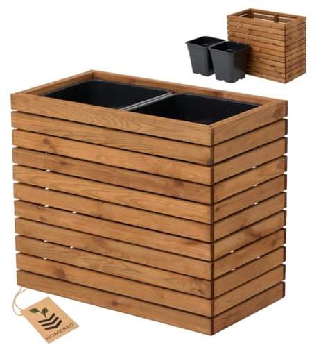 HOMERZO Jardinera para interior y exterior, maceta de madera con inserto para plantas de plástico, 18 l, maceta rectangular para balcón o terraza (67 x 36 h55)
