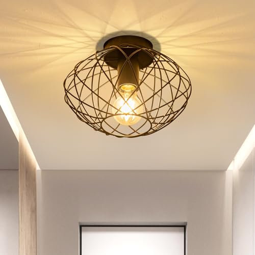 Glitzerlife Deckenleuchte Flurlampe Vintage Schwarz - Deckenlampe Retro Industrial E27 1 Flammig Ø 25cm Metall Lampenschirm Runde Küchenlampe Decke Korride Wohnzimmer Schlafzimmer