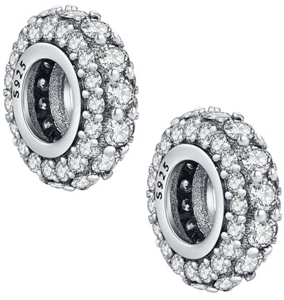 KEQ Pack of 2 Clip Charms for Bracelets, 925 Sterling Silver with Cubic Zirconia,Blue Pave Family Always, Birthday, Women (Silver, 2)