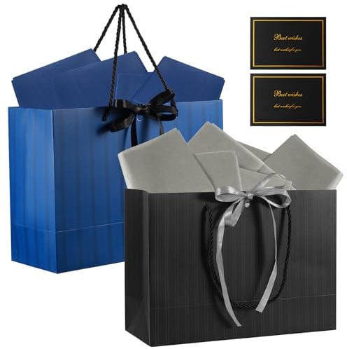 2 Stück Geschenktüten,Geschenktasche mit Griffen Sorbetpapier und Karten mit Folienprägung Tragbar Geschenktüte,Papier Geschenktüten mit Schleife für Feste und Partys (Schwarz, Blau)