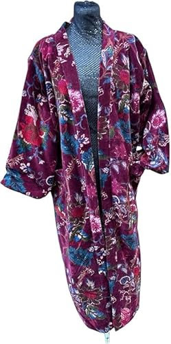 Spolverino in velluto viola, elegante stampa floreale, giacca lunga kimono di ispirazione vintage, capispalla morbida ed elegante per tutte le stagioni | pezzo di dichiarazione Boho-Chic | design
