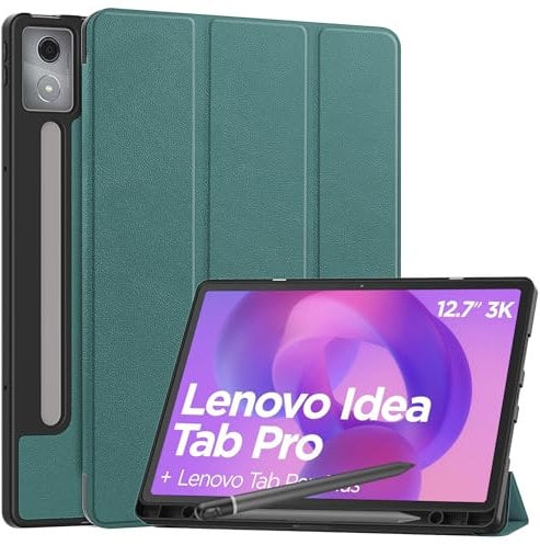YRH for Lenovo Idea Tab Pro 12.7 inch Case 2025 with Pen Holder, Back Soft TPU Protective Tablet Cover with Auto Sleep/Wake (Dark Green)