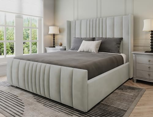 Furnishion Manhattan Double Bed with Mattress 4ft6, Modern Plush Velvet Upholstered Panelled Design, Luxury Double Bed and Mattress Included, Beds Frame with Mattresses for Bedroom in Silver Plush