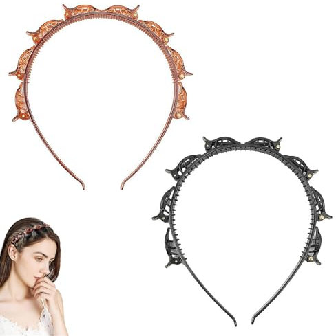 2 Stück Haarreif Mit Klammern, Haarreifen Mit Klammern, Butterfly Clip Haarreif, Headband Clip, Double Bangs Hairstyle Hairpin, für Alle Haartypen Und Frisuren (Schwarz Und Braun)