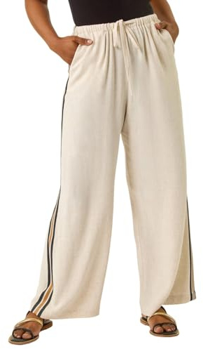 Roman Petite Linen Mix Side Stripe Trouser for Women UK - Ladies Everyday Holiday Spring Summer Comfy Soft Evening Vacation Work Party - Petite Natural - Size 18