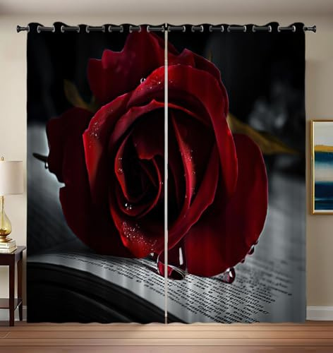 Red Eyelet Blackout Curtains for Bedroom, Realistic Flowers DecorativeThermal Insulated Room Darkening Window Curtains, 2 Panels 66 x 53.9 Inch Soft Vintage Roses Books Curtain for Living Room