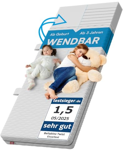 Bellabino Twist Kindermatratze 90x190 cm – Baby Matratze Härtegrad H1/H2 – Hochwertige 7 Zonen Kaltschaummatratze – Jugendmatratze 15 cm hoch – Babymatratze mit waschbarem Bezug, allergikerfreundlich