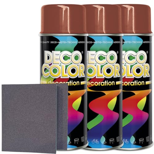 Craft-Equip DC 3er Sparpack Lackspray nach RAL in 400ml zur Lackierung von Auto Stahl Aluminium Beton Holz und 2 Stück Schleifpads (3 Dosen in kupferbraun glanz RAL 8004 + 2 Stück Schleifschwamm)