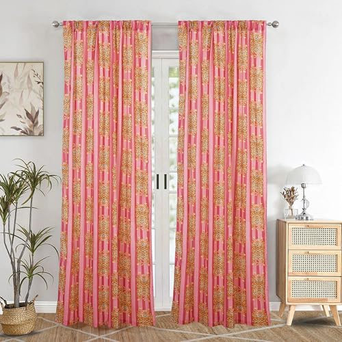 INDACORIFY Vorhang mit Blumenmuster, Boho-Gardinen aus indischer Baumwolle, 2er-Set extra Lange Vorhänge für Wohnzimmertür und -Fenster -Set (40 W X 72 L)