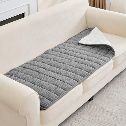 UNBBRRL Quilting Sofa Schoner Auflage Für Hunde, Dicke rutschfeste Abdeckung Sofa, Waschbare Couch Bezug Aus Geriffeltem Samt, Mit 4 Klettband (Light Grey,70X210cm)