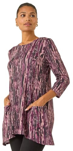 Roman Originals Swing Top with Pockets for Women UK Ladies Hanky Hem Asymmetric Tunic Blouse Longline Long Stretch Jersey Casual Round NeckTee Shirt T-Shirt Purple Multi