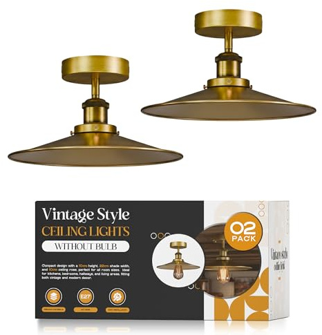 Pack of 2 E27 Flush Fitting Ceiling Lights Fixture 22cm Yellow Brass | Lampshade Easy Fit Anti Rest Metal Vintage Semi Flush Mount LED Ceiling Lamp Chandelier for Bedroom, Kitchen With EPC A+